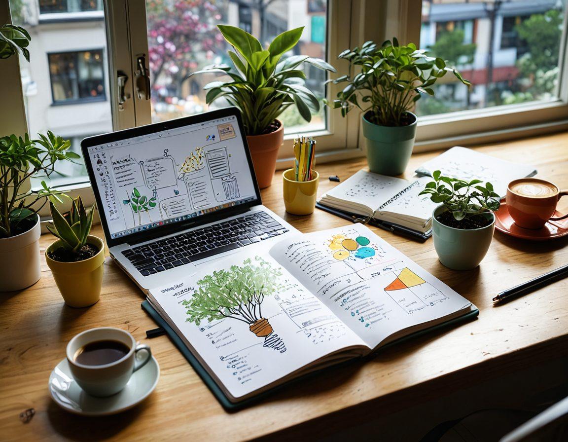 An open notebook with colorful sketches, mind maps, and handwritten notes scattered around, surrounded by coffee cups, a laptop, and a plant. A light bulb glowing above symbolizes creativity, while text snippets and publishing icons float in the air, representing content creation. Soft morning light streams in through a window, creating an inviting atmosphere. super-realistic. vibrant colors. warm tones.