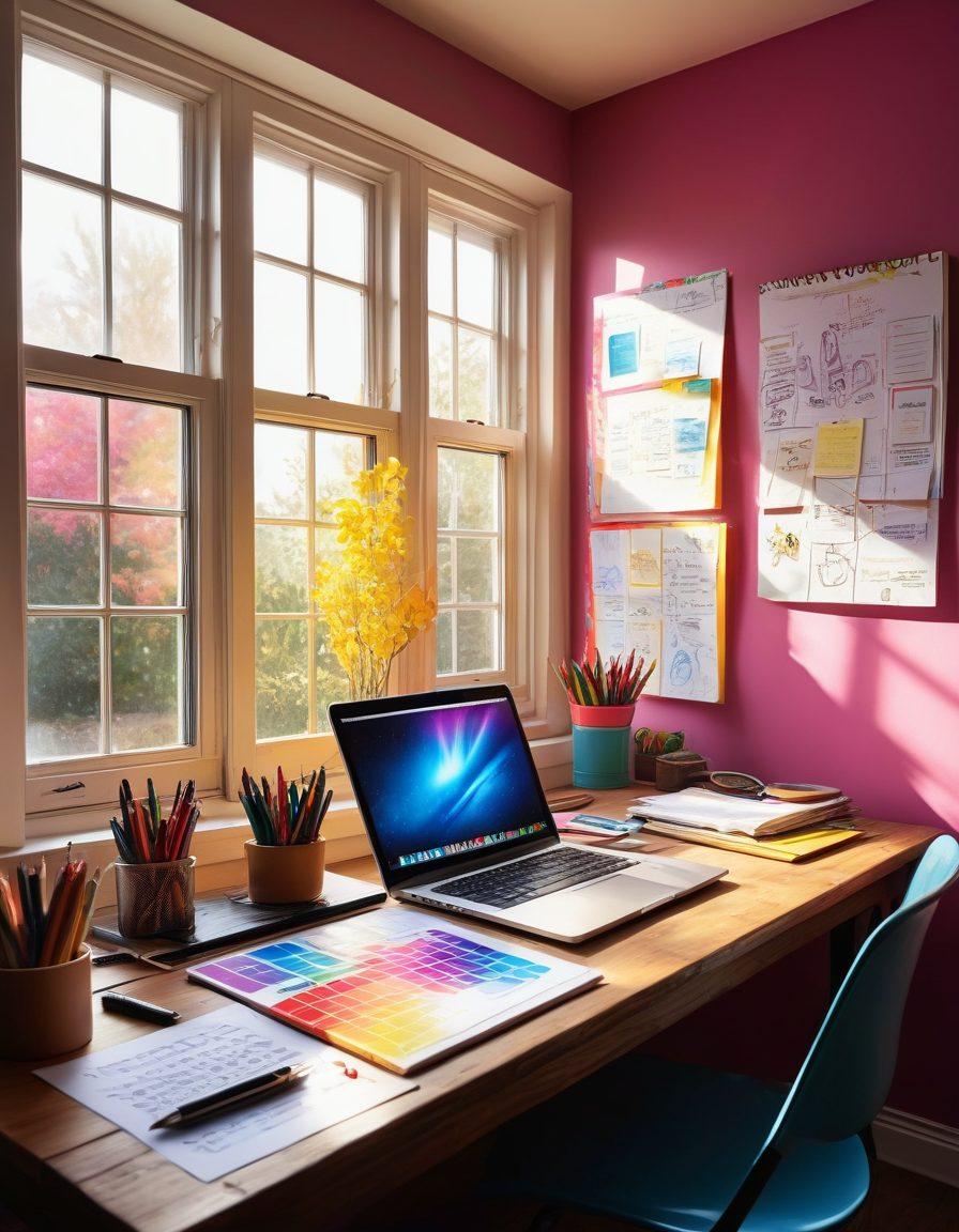 A captivating workspace filled with vibrant colors, showcasing an open laptop with a glowing screen displaying a blank blog post, surrounded by colorful pens, a sketchbook, and crumpled papers symbolizing brainstorming. A large window with sunlight streaming in, casting playful shadows, and inspiration quotes hanging on the wall. The scene should evoke a sense of creativity and motivation. super-realistic. vibrant colors. modern aesthetic.