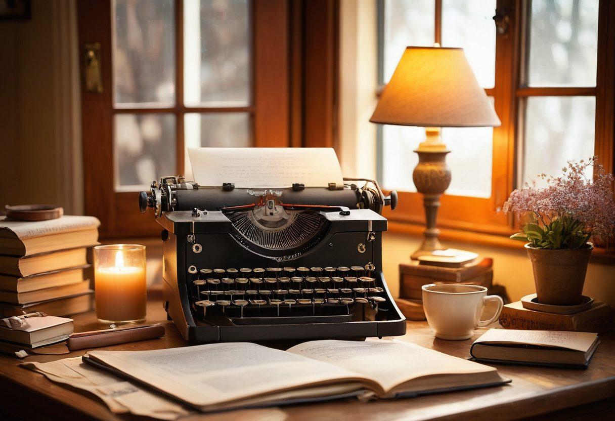 A cozy, vintage writing nook with a typewriter, surrounded by scattered notes and personal mementos that tell stories. A soft glowing lamp illuminates a fading sunset outside the window, symbolizing transformation and creativity. On the desk, an open notebook filled with scribbles and sketches hints at engaging narratives. A steaming cup of coffee rests beside it, inviting inspiration. dreamy, warm tones. vintage style. soft focus.